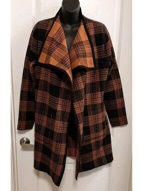 Reversible Cardigan Black Tan Checkered Open Front Sweater Jacket Soft Blend L